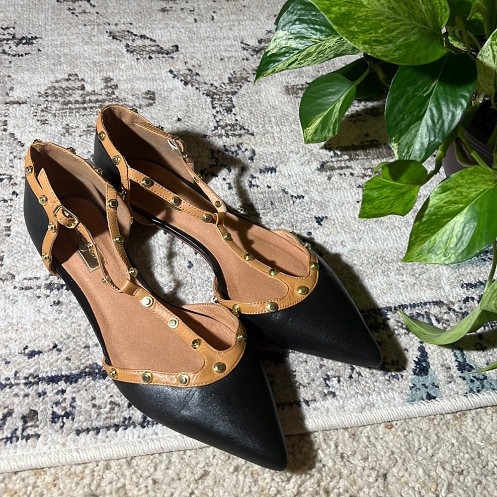 Halogen Pointed Toe Studded Faux Leather Flat Black and Tan